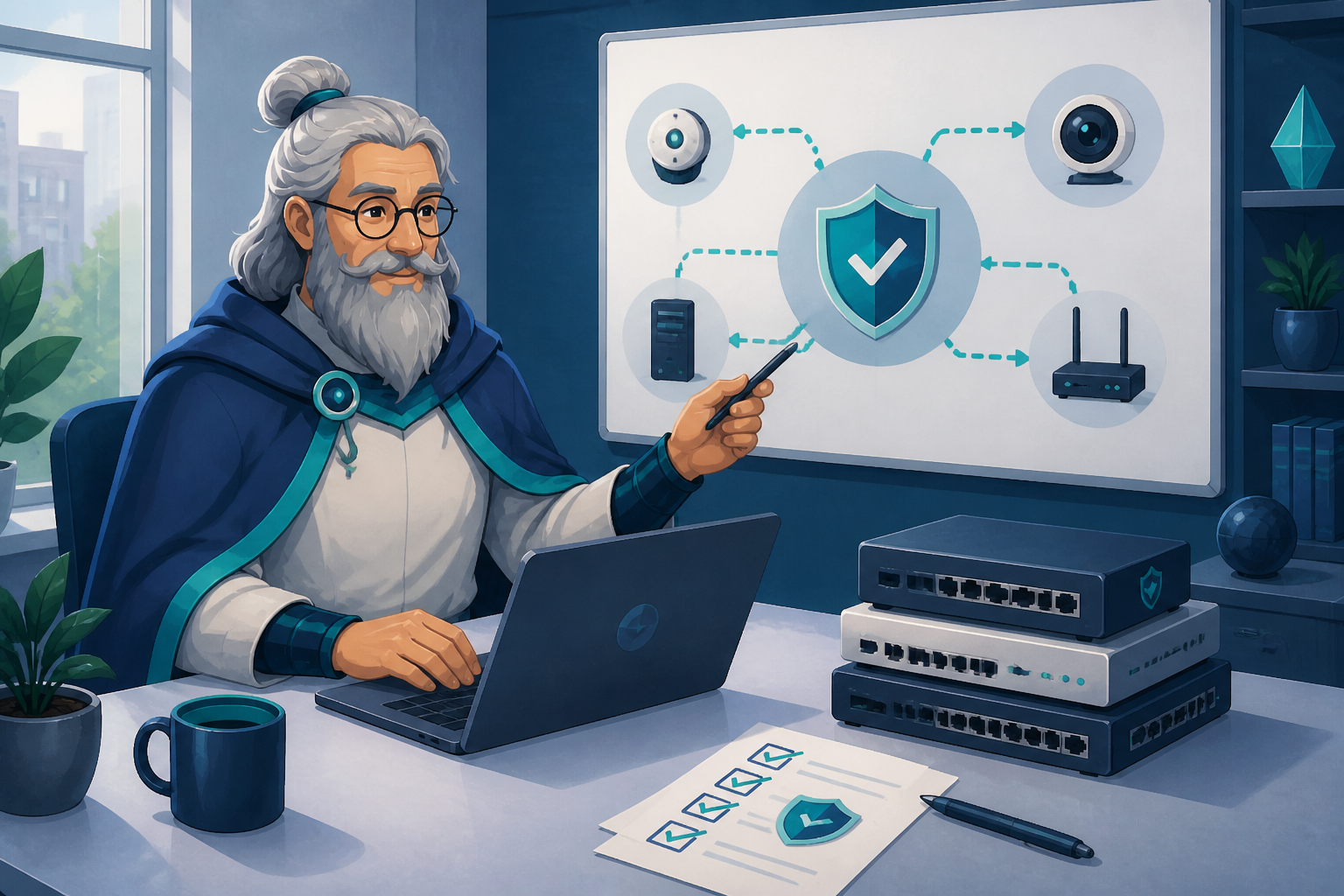 Analix, en tenue bleue avec broche turquoise, prépare sur un bureau d’entreprise un dossier de conformité à côté d’un ordinateur portable et de petits équipements numériques.