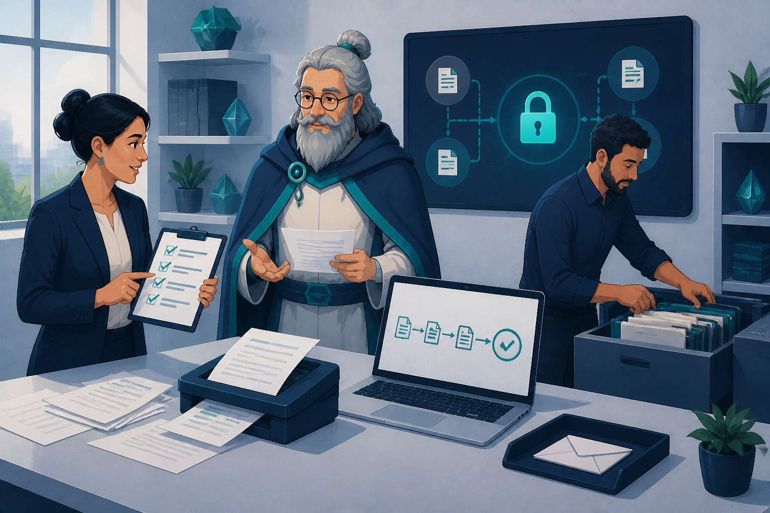 Analix observe un bureau professionnel où une facture papier, un scanner et un ordinateur illustrent la transition vers un flux numérique mieux contrôlé.