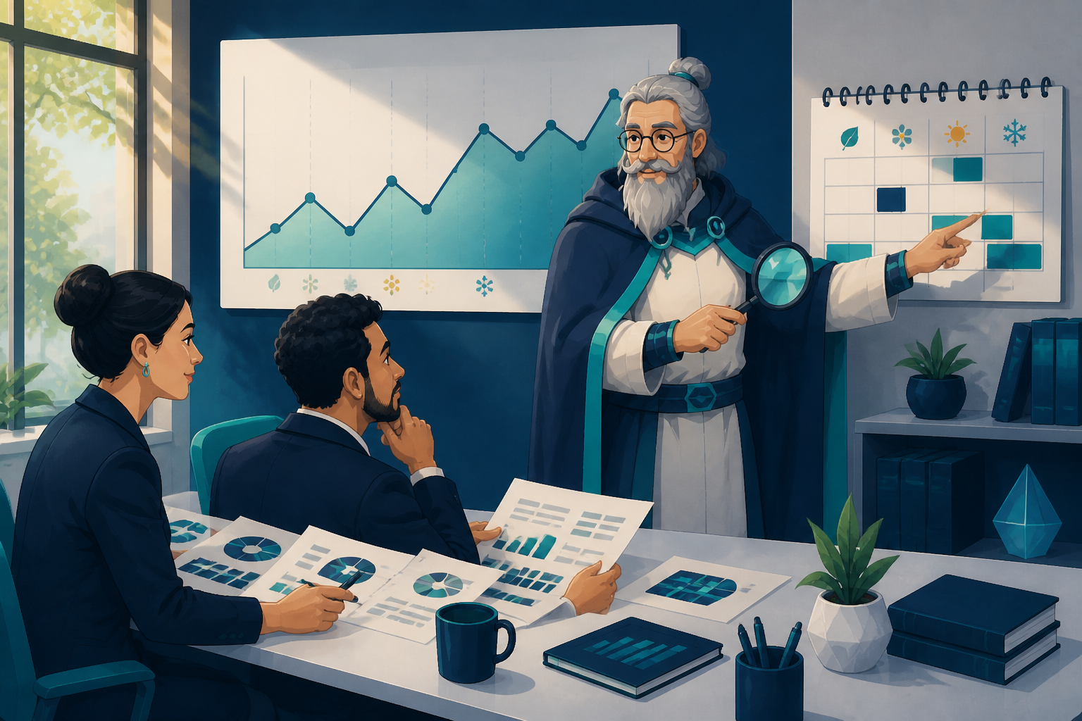 Analix observe un graphique de ventes mensuelles dans un bureau, avec un calendrier et deux collègues qui comparent les données.