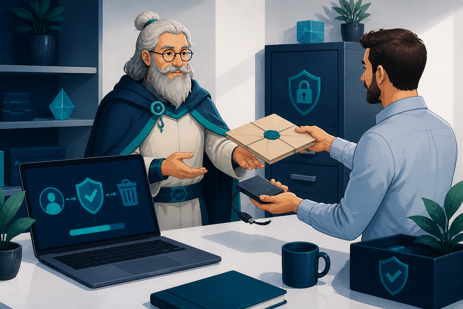 Illustration 2D peinte d’un bureau, avec Analix en tenue fixe près d’un écran d’ordinateur, d’un classeur verrouillé et d’un dossier scellé, pour évoquer la fermeture des accès et…