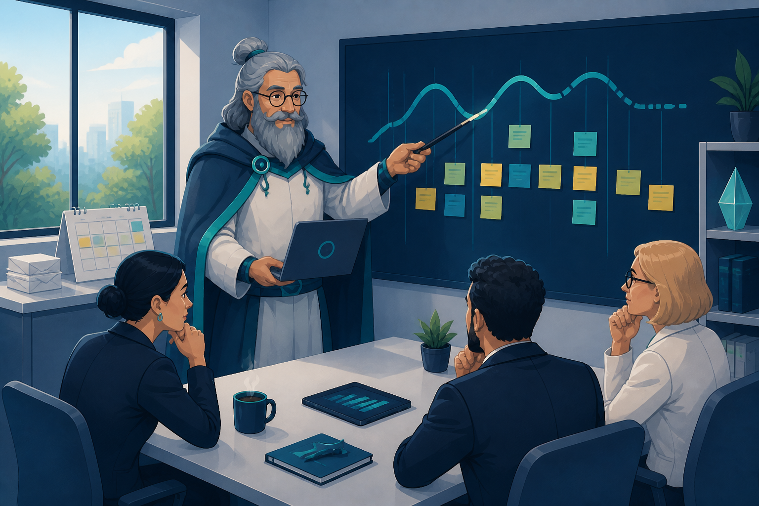 Analix observe un tableau de trésorerie avec des notes colorées, un ordinateur portable et des échéances matérialisées dans un bureau élégant, en train d’analyser les retards…