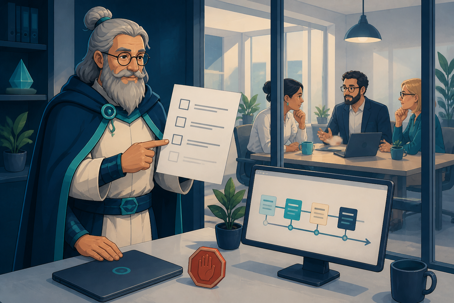 Illustration 2D peinte d’un bureau professionnel : Analix, avec chignon gris, lunettes rondes, barbe grise, cape bleu marine et broche turquoise, se tient près d’un bureau avec un…