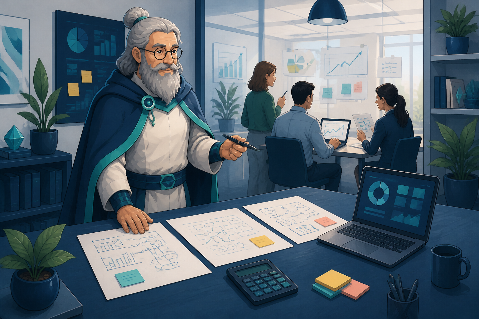 Analix examine trois scénarios de prix sur des feuilles de calcul dans un bureau d’entreprise, entouré d’outils de décision et d’une équipe en arrière-plan.
