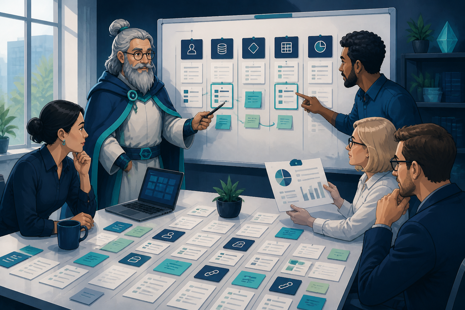 Analix, dans un bureau moderne, montre un tableau commun de définitions de données pendant que plusieurs collègues comparent des cartes et des documents.