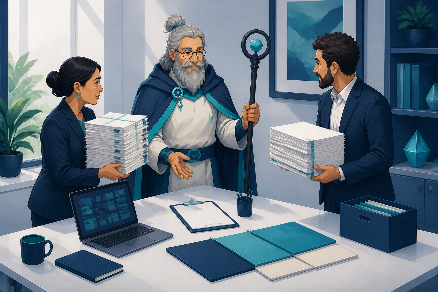 Analix observe, dans un bureau, des dossiers et un ordinateur servant à comparer la qualité de données avant de signer un logiciel.