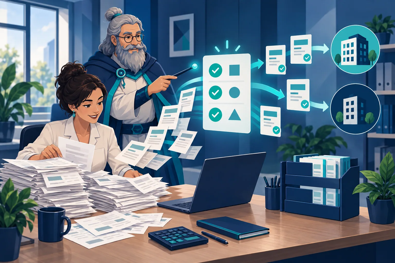 Dans un bureau moderne, Analix et une comptable examinent des factures et des documents numériques.