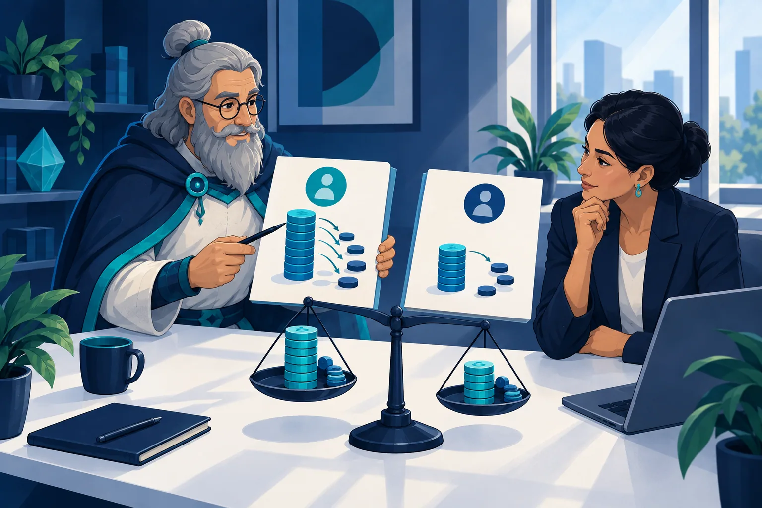Analix compare une balance et des dossiers clients sur un bureau pour examiner leur rentabilité.